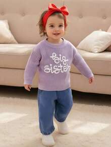 Suéteres para niñas pequeñas, de manga larga, con cuello redondo y bordado de letras, prendas de punto para niñas pequeñas - Morado - Ver 4
