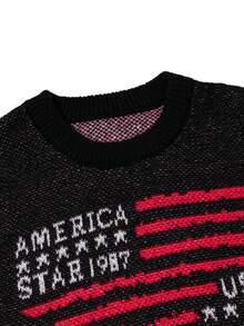 ANDREILEE Autumn/Winter Men's Street Style National Flag & English Letter Intarsia Pattern Design Casual Loose Knit Pullover Sweater, Round Neck, Dropped Shoulder, Long Sleeve - Black - View 4