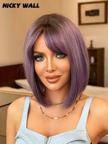 NICKY WALL Ombre Short Ash Purple Wigs For Women 10 Inch Straight Bob Wig With Side Bangs Fashion High Density Wig Synthetic Heat Resistant Fiber Soft Locs Wig For Girls Daily Party Use - Purple - View 1