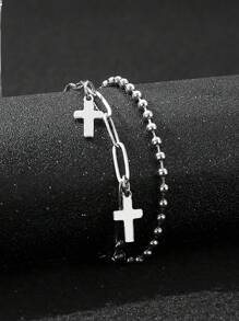 1 pezzo Collana con catena di perline in acciaio inossidabile con croce e pentagramma, mini-maschile e versatile doppio strato per uomo