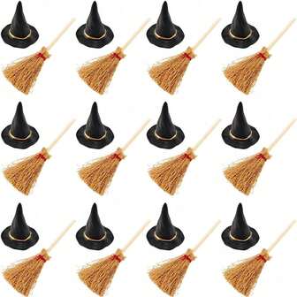 2/6/24PCS/套迷你女巫帽配迷你扫帚微型草编扫帚配红绳塑料女巫帽和扫帚万圣节派对工艺女巫装饰配件