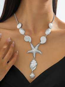 1pc Metal Fashion Ocean Series Shell, Seashell, Starfish Pendant Necklace, Suitable For Women Summer Beach Party - Gold - View 3
