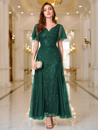 Vestido maxi de fiesta de noche con escote corazón, mangas con volantes y detalles de lentejuelas