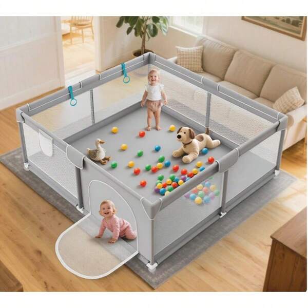 Box per bambini 150x180 cm, altezza 65 cm, Grande parco giochi 150x180, accessori inclusi 50 palline morbide interattive + borsa portatile + doppi ganci, supporti didattici multifunzionali per uso domestico/esterno
