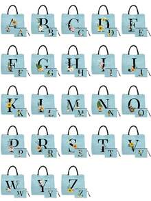 Sunflower & Daisy, Letter A-Z Print Blue Linen Tote Bag, Perfect Holiday Gift, Multifunctional Portable Handbag/Shoulder Bag, Fashion Minimalist Linen Bag, Large Capacity Storage Bag, Gift For Women, Teacher's Day Gift, Cosmetic Bag - Blue - View 2