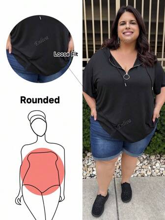 Enliva Große Größen Halbzip gekrümmter Saum Tunnelzug Kapuzenshirt