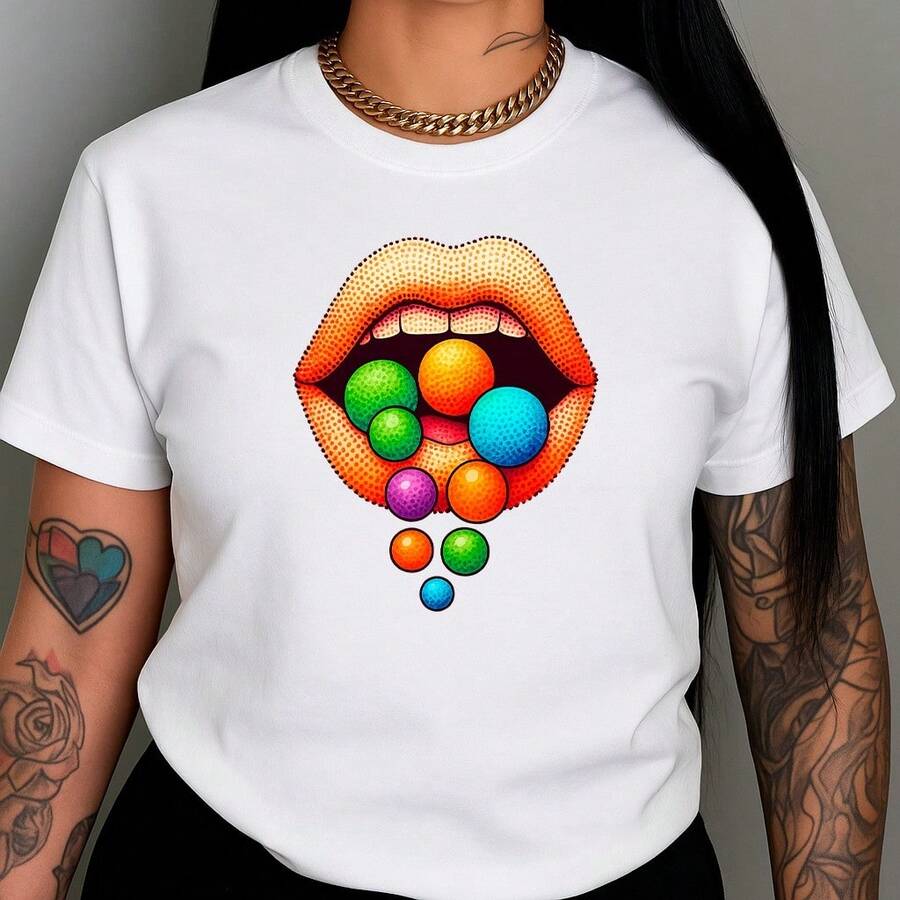 Camiseta de algodón con estampado "Pop Lips" casual de moda para mujer - Blanco - Ver 1