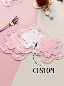 1PC Personalized Cherry Blossom Desk Mat And Coaster Set, Flower Shaped Silicone Cup Coaster, Insulation Pad –Custom Text Table Decor, Heat-Resistant Mug Pad For Home Or Office, Back To School Gift For Her