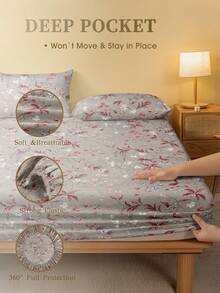 2/3 件套灰色植物花朵树枝花朵图案床笠套件（无填充物），卧室床笠套件，拉绒超细纤维透气舒适 1 件床笠 + 1/2 件枕套（无填充物），背面学校床上用品宿舍床上用品套件