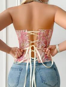 1pc Pink Textured Sheer Floral Lace Corset Hollowed Out Bustier Cute Crop Top For Daily Wear/Party/Wedding - 粉色 - 查看 5