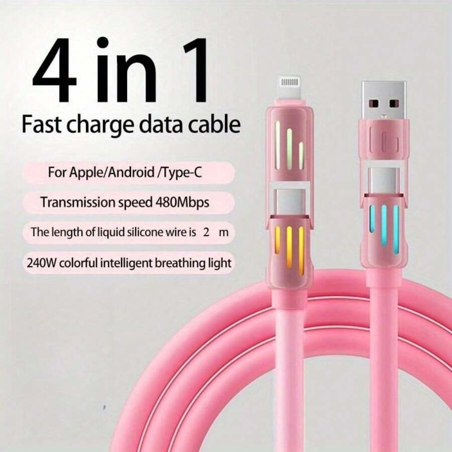 Cáp USB C 4 trong 1 240W, Cáp sạc nhanh PD 5A kèm đèn báo hiệu Rainbow, Dây cáp dữ liệu USB-A sang Type-C kép bằng hợp kim kẽm và PVC bện, Kết nối đa năng | Đèn báo hiệu thời trang | Vỏ hợp kim kẽm Tương thích với iPhone, Android, Máy ảnh, Bộ sạc đa năng MP3 Chứng nhận MFi - Hồng-2M - Xem 1