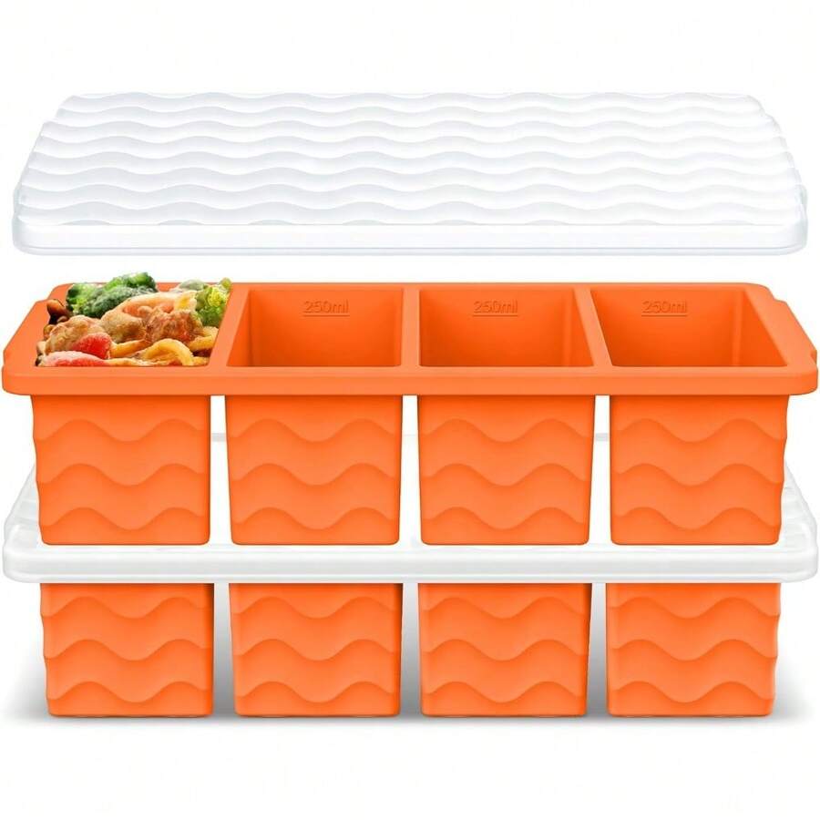 2-Pack Silicone Soup Freezer Trays With Lids - 1-Cup Portion Containers For Broth, Stock & Meal Prep, Leak-Proof Design & Stackable Storage, Perfect For 250mL/125mL Frozen Cubes - 橘色 - 查看 1