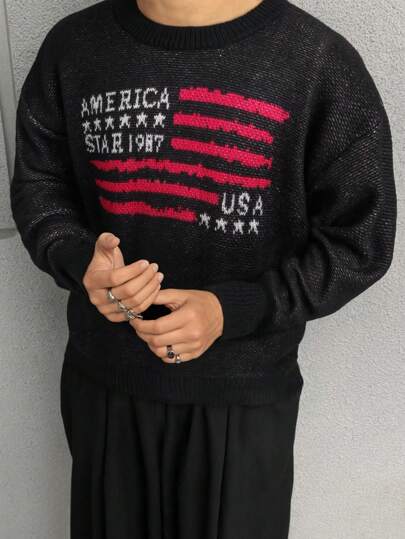 Pull ample et décontracté pour hommes avec design intarsia de drapeau et de lettres anglaises au col rond, pull oversize à manches longues pour l'automne/hiver