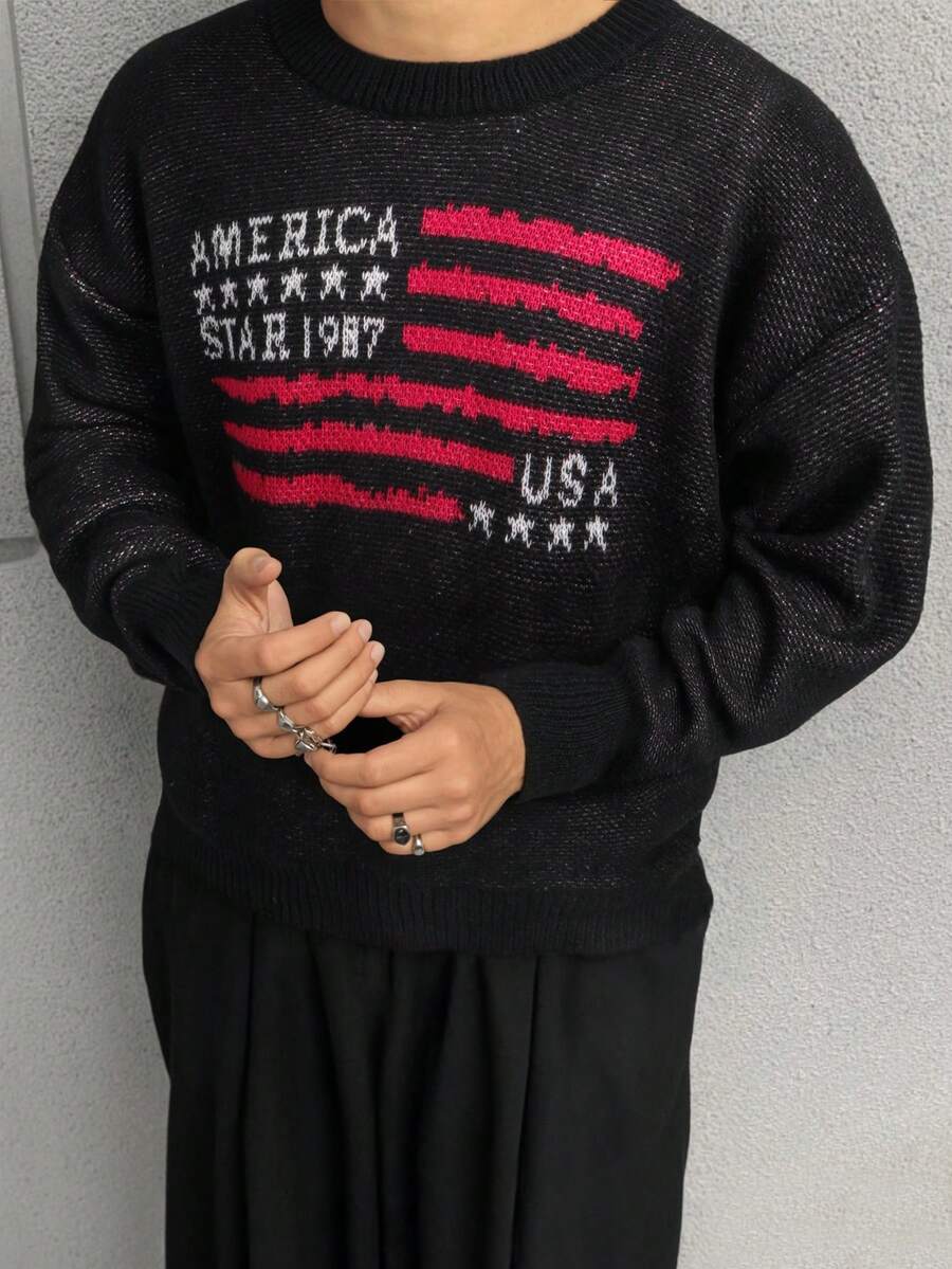 ANDREILEE Autumn/Winter Men's Street Style National Flag & English Letter Intarsia Pattern Design Casual Loose Knit Pullover Sweater, Round Neck, Dropped Shoulder, Long Sleeve - Black - View 1