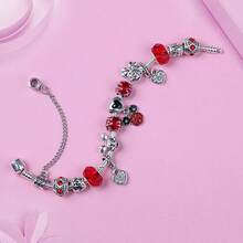 1 Pc Red Crystal Cartoon Charm Bracelet Silver Plated  Heart Bead Fashion Jewelry Gift For Women - Red - View 4