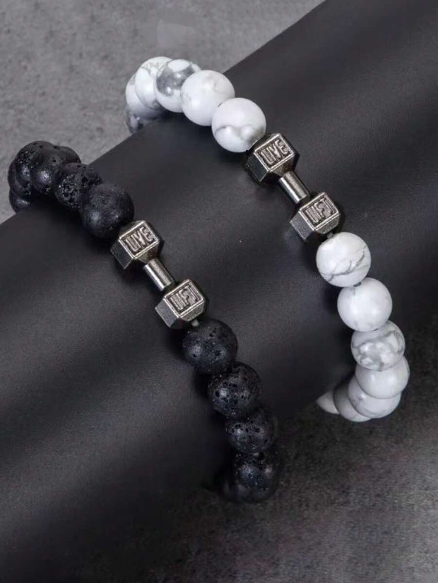 2 件/套简约情侣黑色火山岩和白绿松石哑铃串珠手链套装，男朋友/女朋友礼物，日常佩戴珠宝，简约设计 - 彩色 - 查看 1