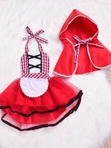 Baby Girl Halter Plaid Dress, Red Cloak Little Red Riding Hood Outfits, 2Pcs Party Cosplay Costume - Red - View 1