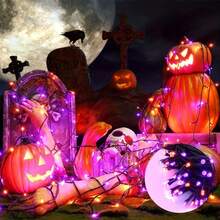 30/100 Luces LED solares para Halloween, 8 modos, naranja, morado, naranja-morado, adecuadas para exteriores, jardín, fiesta de Halloween, árbol, boda, decoración de jardín, Halloween, Navidad - Cadena de luces solares desnudas - Ver 6
