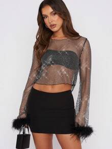 Women  Summer Sheer Mesh Tops Long Sleeve O Neck Feather Patchwork Clubwear Tops - Black - View 4