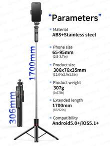 TOKQI 66.92-Inch Smartphone Selfie Stick Tripod – Telescopic Travel Tripod With Stabilized Handle & 360° Panoramic Shooting, Wireless Remote & Detachable Phone Holder, Compatible With GoPro/Camera/Smartphone/Android Pro MAX For Travel, Vlogging, Video & Photo - Black - View 10