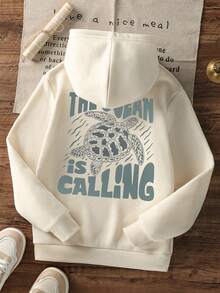 1件少女休闲印花套头卫衣，保暖内衬，长袖，秋冬季学生青少年服装 - 杏色 - 查看 3