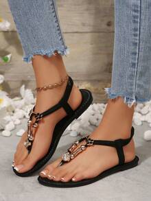 1 Pair Women's Bohemian Beaded T-Strap Flip Flop Sandals, Flat Beach Shoes For Summer, Metal Decorated T-Strap, Versatile Casual Shoes - Black - View 4