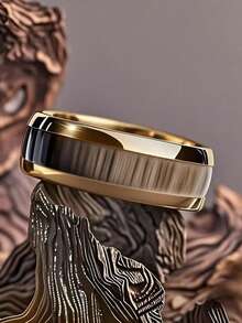 8mm Vintage Inlay Brown Wood Rings For Men/Women Fashion Men Gold Color Stainless Steel Rings Wedding Engagement Band Jewelry Accessories Gift - Brown - View 4