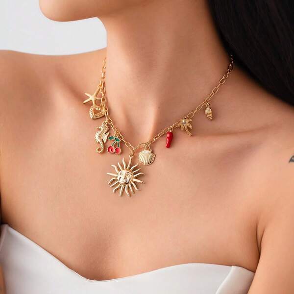 Unique Exquisite Boho Seahorse, Starfish, Scallop, Sun, Mushroom, Cherry, Heart, Chili Pepper - Various Pendants Necklace Summer Daily Beach Vacation Music Festival Party ,Gift For Her