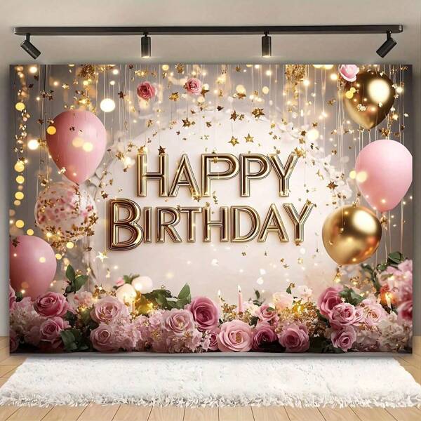 Happy Birthday Party Achtergronddoek - Roze Ballon en Gouden Taart Thema, Multifunctionele Polyester Banner voor Familiefeesten