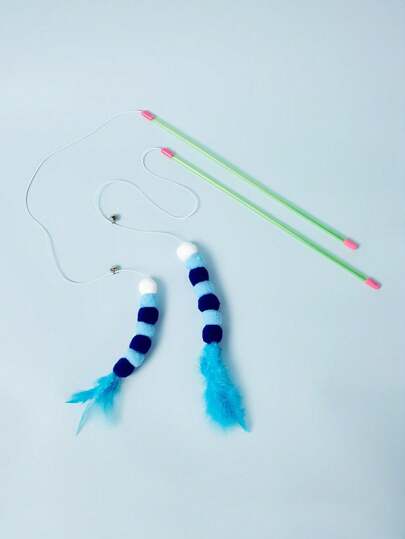 PETSIN قطعة واحدة عصا مداعبة بشكل قطة زرقاء، ألعاب للقطط تفاعلية وممتعة، لعبة داخلية مناسبة للقطط، اكسسوارات لحيوانات الأليفة، الكرة والقضيب بألوان عشوائية