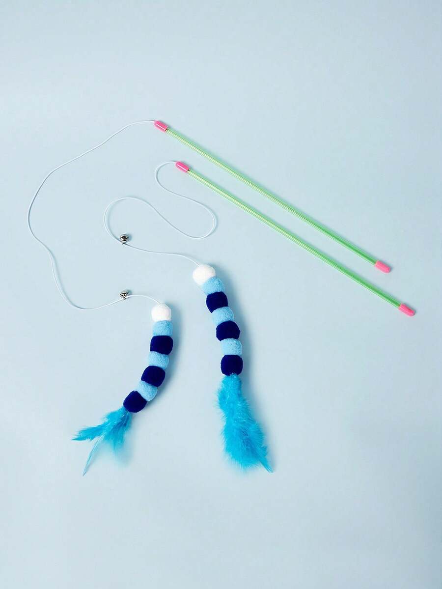 PETSIN 1 件蓝色逗猫棒猫玩具互动娱乐可爱互动玩具适合室内玩耍宠物配件球和棒颜色随机 - 彩色 - 查看 1