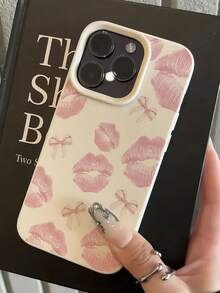 Pink 1pc White Bow & Lip Print Full Coverage TPU Shockproof Phone Case, Compatible With IPhone 16, 15, 14, 13, 12, 11 Pro Max, And Series - Multicolor - View 4