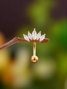 1pc Reverse Fan-Shaped Zirconia Stainless Steel Navel Ring, Classic Belly Button Piercing Jewelry For Daily Wear