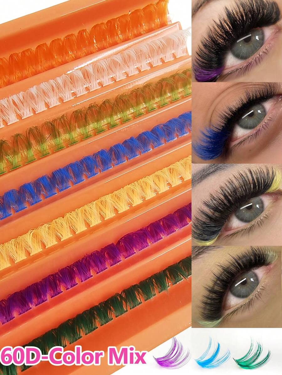 Asiteo 140 件 60D 彩色簇状睫毛，7 色混合 D 卷曲睫毛簇 DIY 睫毛延长彩色睫毛适用于万圣节派对舞台化妆音乐节睫毛簇、睫毛簇、单根睫毛、睫毛、假睫毛 - D - 查看 1