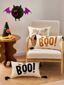 1 pieza Funda de almohada con hojas de arce de otoño y calabaza de 18 X 18 pulgadas, bordado 3D en capas de calabaza, funda de almohada de estilo granja en color beige para sofá, sillón, decoración de otoño, Halloween, Acción de Gracias, decoración de otoño, decoración de habitación, regreso a la escuela, útiles escolares