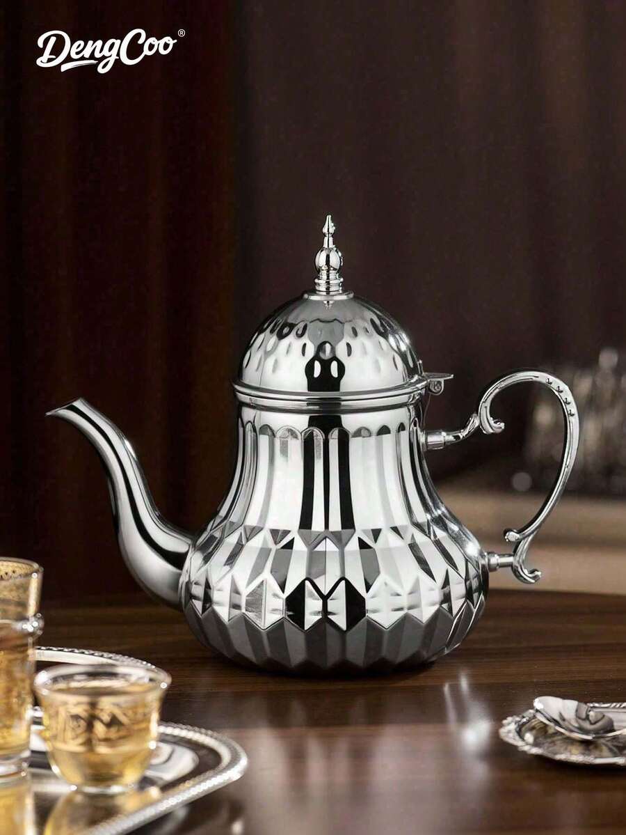 Dengcoo 1pc 1.4L Arabic Style Stainless Steel Tea & Coffee Pot - Middle Eastern Serving Kettle With Gold & Silver Engravings - Ideal For Home, Cafe, Mosque & Luxury Gifting, Use During Ramadan - Multicolor - View 1