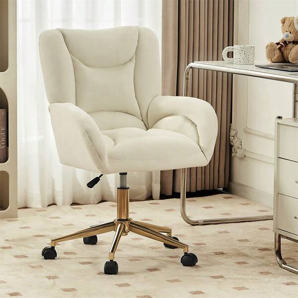 Sairedel Full KD Velvet Stoffmaterial Höhenverstellbarer Drehstuhl für das Home-Office im Innenbereich mit goldenen Beinen, Elfenbein