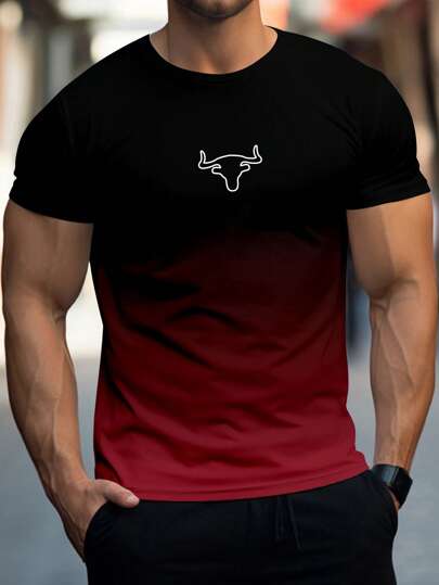 男士时尚圆领短袖运动T恤百搭舒适T恤夏春运动风服装渐变图案健身房健身服