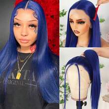 Purple Color Lace Front Wigs Pre Plucked Hairline Long Straight Wigs For Fashion Women Girls Party Daily Wear Glueless Dark Purple Lace Front Synthetic Wigs 13x4 Free Part Heat Resistant Fiber Hair 28 Inch 180% Density - 藍色 - 查看 2
