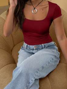 Women Square Neck Going Out Crop Tops Short Sleeve T Shirts Summer Cute Clothes Basics Tees