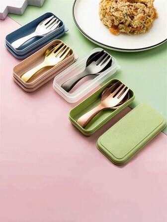 3 pièces Ensemble de couverts portable en acier inoxydable 304 avec fourchette, cuillère et étui de rangement, parfait pour le bureau, la cuisine, l'école, les pique-niques, le camping et les activités extérieures, cadeau de rentrée scolaire