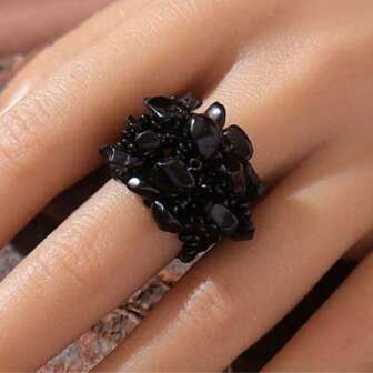1Pc Bohemian Leisure Vacation Style Rice Bead Woven Natural Stone Elastic Wide Ring For Women's Artistic Jewelry Party Gifts
