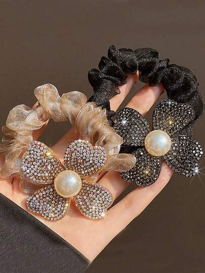 2pcs Women's Mesh Lace Flower Crystal Faux Pearl Hair Scrunchies, Luxurious Elegant Hair Ties, High Elasticity Decorative Hair Accessories Suitable For Parties, Events And Daily Wear, Scrunchy Hair Ties, Hair Bobbles Ponytail Head Accessories Elastic Band