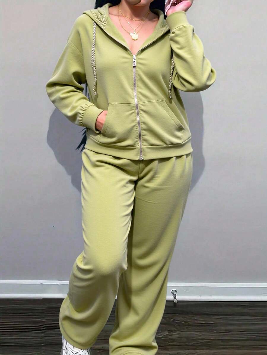 Conjunto  Compuesto Por Sudadera Con Capucha Y Cierre Y Pantalones Deportivo - Verde Oliva - Ver 1