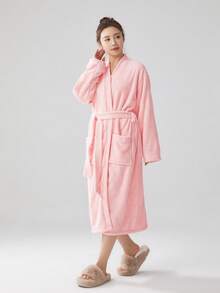 1pc Coral Fleece Solid Color Bathrobe For Women, Long Robe, Women's Bathrobe After Shower, Bath Towel, Super Soft, Quick Drying, Ultra Absorbent, Quick Drying, Dressing Grown, Loungewear, HomeWear, Sleepwear, Wearable Towels, Suitable For Home, Bathroom, Hotel, Gym, Travel, Holiday Gift, Swimming Pool, Bathing, Bathroom Decor, All Season Use, Presents For Christmas, Halloween's Day, Thanksgiving Day