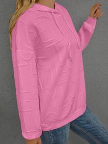 Plus Size Women Casual Letter Knitted Jacquard Long Sleeve Hoodie Sweatshirt