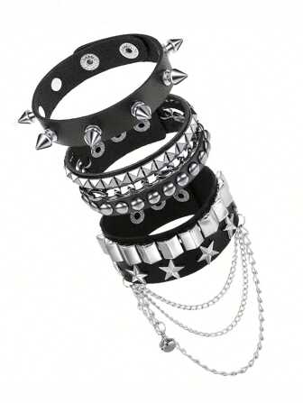 1/3 piezas Conjunto de pulseras punk rock con remaches, pulsera de PU con picos estilo gótico, pulsera ajustable de muñequera de los 80 para hombres y mujeres