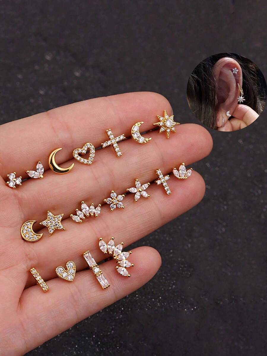 1 pezzo di aletta in acciaio inossidabile con zirconia, motivo geometrico a forma di love, fiocco di neve, corona di luna, orecchie da piercing diverse per donne, adatto per l'uso quotidiano