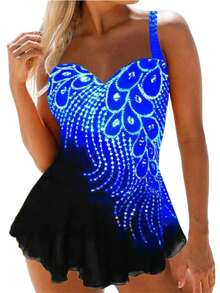 Women Plus Size One-Piece Swimsuit With Rhinestones Contrast Color Swimwear,Sizes S-6XL - Royal Blue - View 2