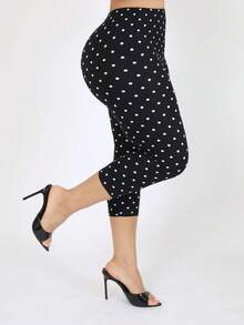 Women Dot Print Capri Pants, Elastic High Waist Cropped Leggings For Work, Yoga, Daily Wear - 黑色 - 查看 3